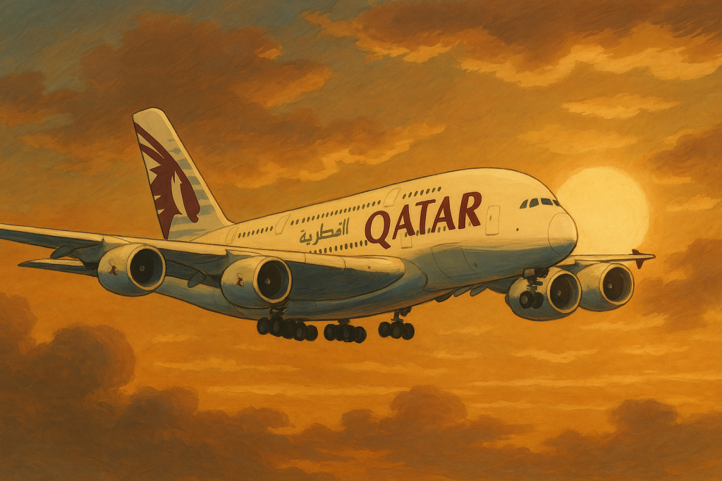 a plane flying in the sky Qatar airways